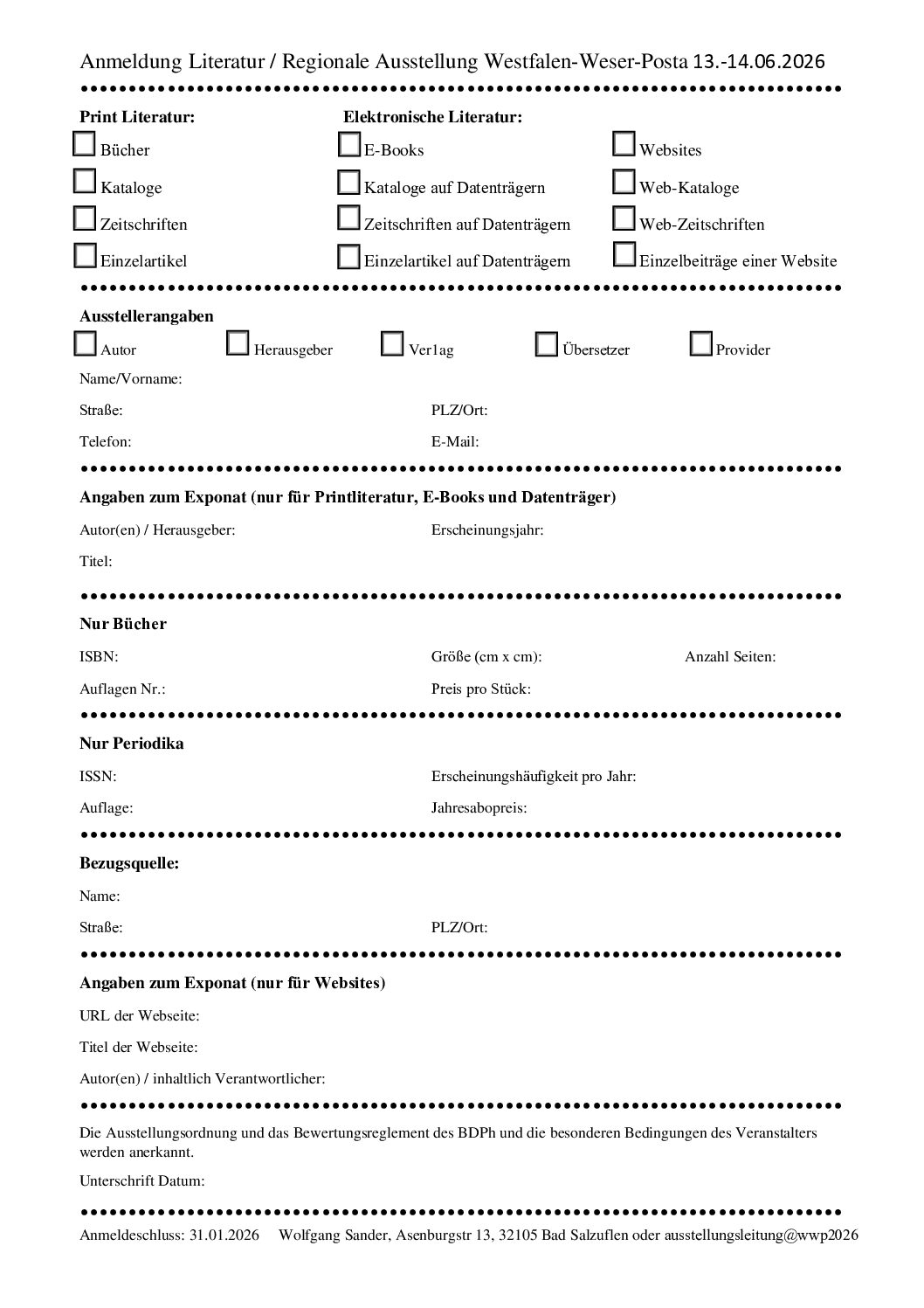 Anmeldung eines Literatur-Exponates zur WWP 2026